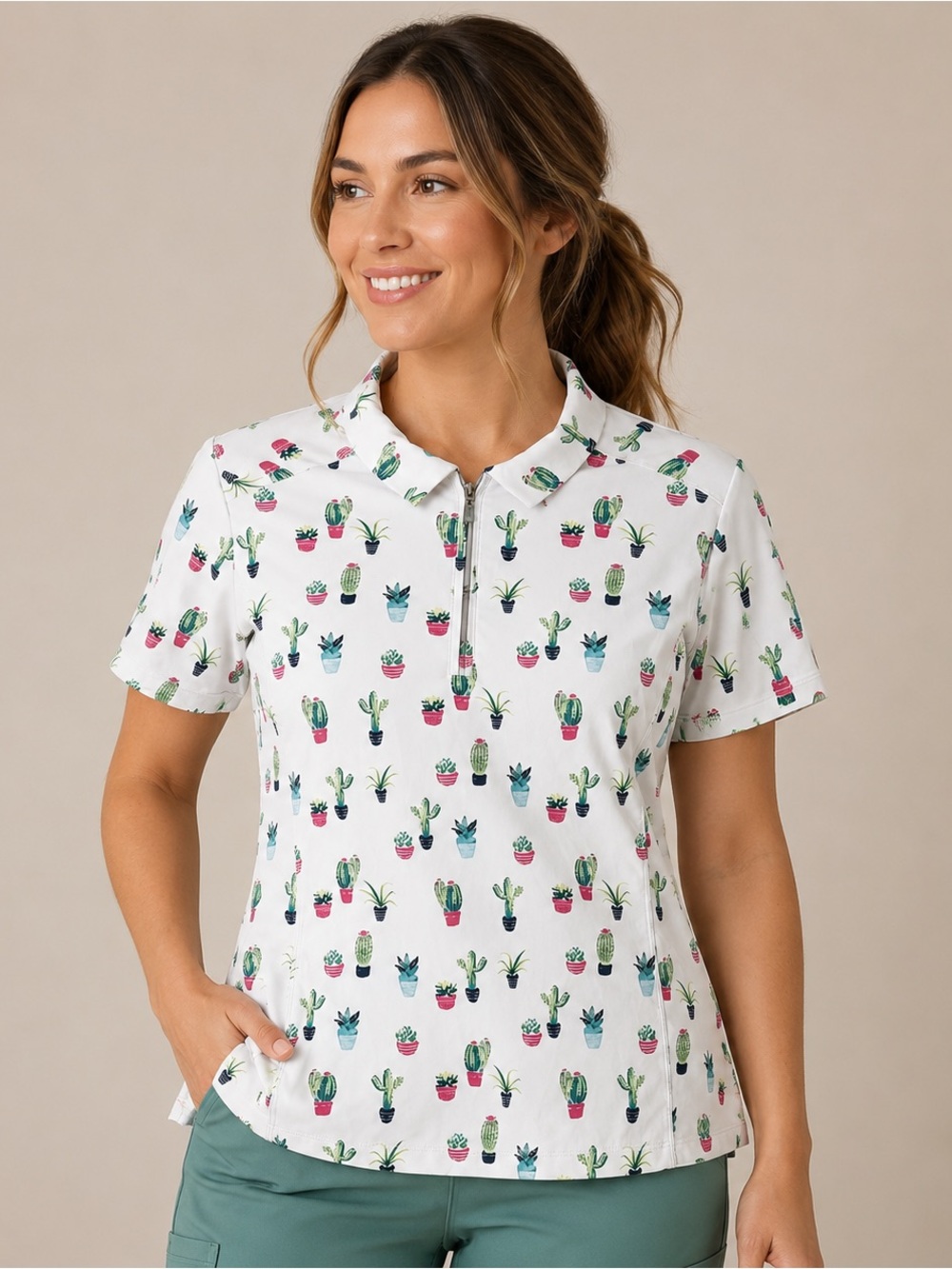 Lillie Green Cactus Print Golf White Polo Shirt Womens M Quarter Zip Stretch